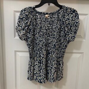 Floral Smocked Peasant Top in Navy with Daisies